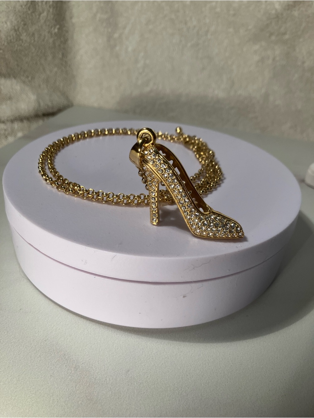 ‘Head over heels’ stiletto I can still wear! Goldtone necklace with a cute kick!
